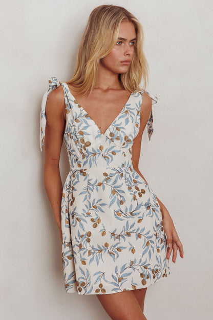 Glam Up Tied Shoulder Mini Dress Leaves Beige