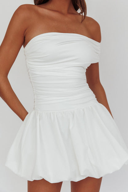 Dalayla One-Sleeve Balloon Skirt Mini Dress White