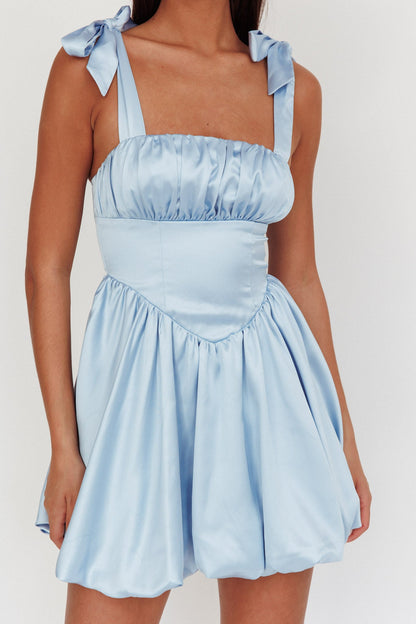 Just Magic Tied Shoulder Bubble Hem Mini Dress Baby Blue