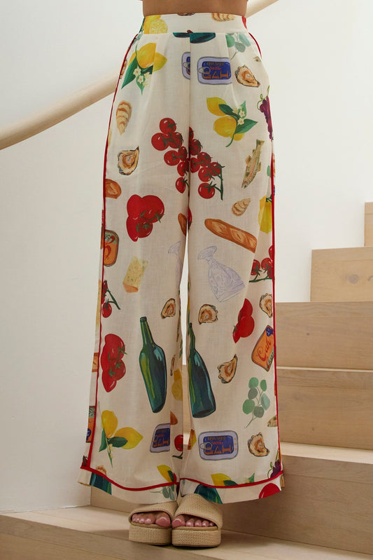 Canyons Piping Trim Wide Leg Pants Print Beige
