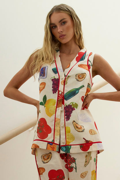 Canyons Sleeveless Button Top Print Beige