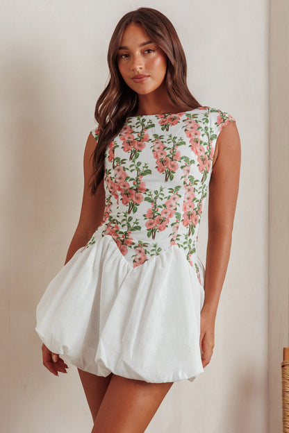 Gracelina Cap Sleeve Bubble Hem Mini Dress Floral Pink