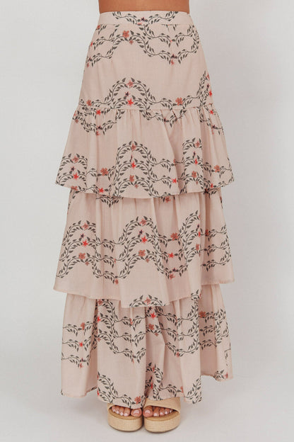 Ezmeralda Tiered Ruffle Maxi Skirt Floral Beige