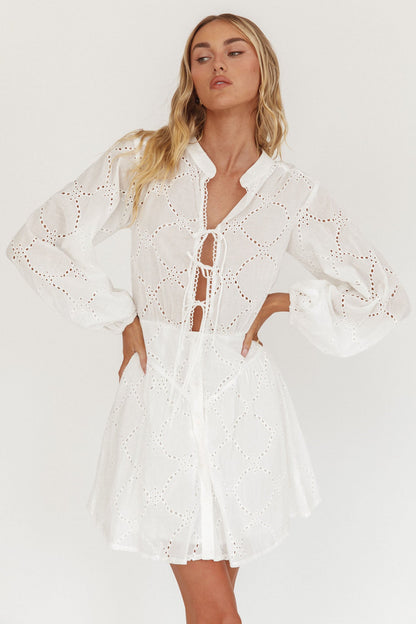 Flossy Eyelet Overlay Tie Mini Dress White
