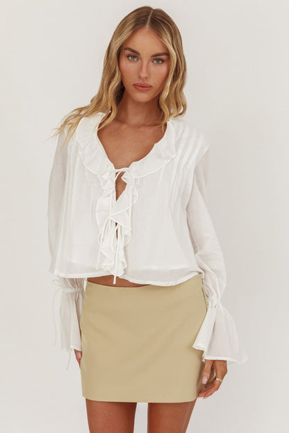La Demure Tie Front Frill Blouse White