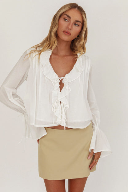La Demure Tie Front Frill Blouse White