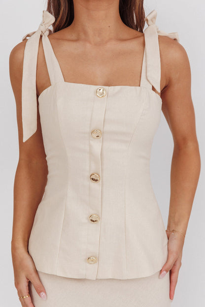 Post It Tied Shoulder Button Front Top Cream