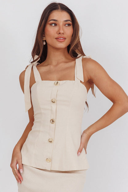 Post It Tied Shoulder Button Front Top Cream