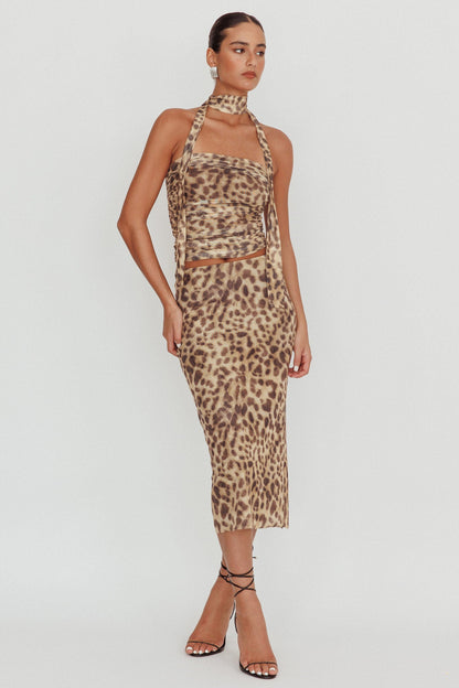 Meet Up Elastic Waist Midi Skirt Leopard