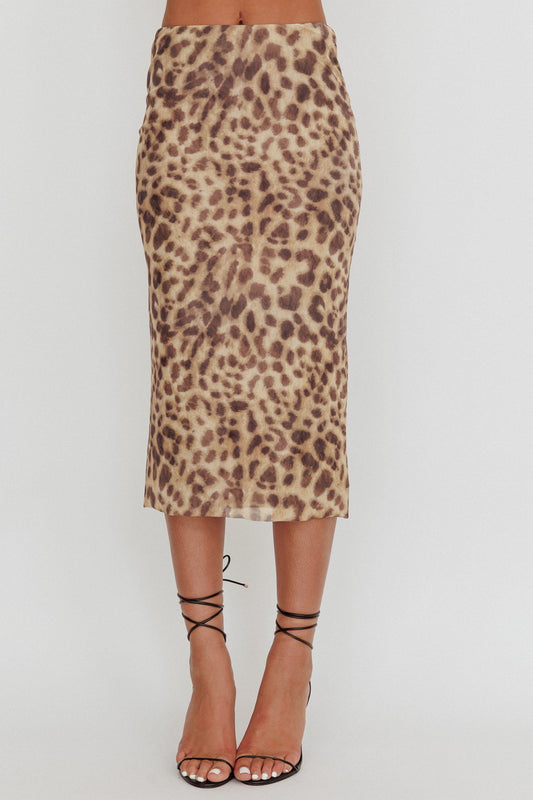 Meet Up Elastic Waist Midi Skirt Leopard