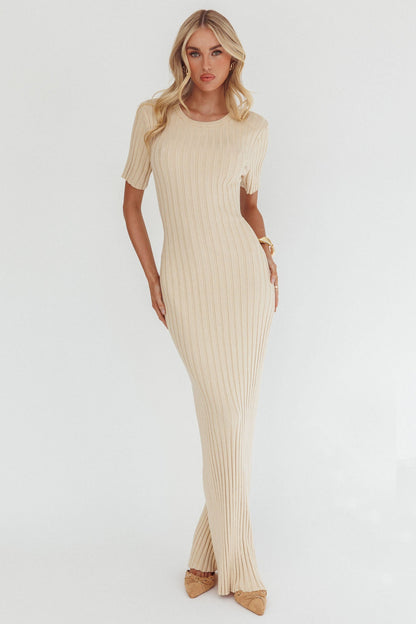 Faylen Waist Tie Ribbed Knit Maxi Dress Cream