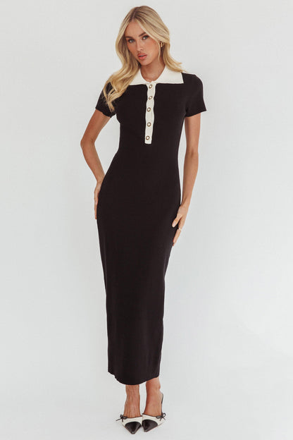 Jessa Mae Button Neckline Knit Maxi Dress Black
