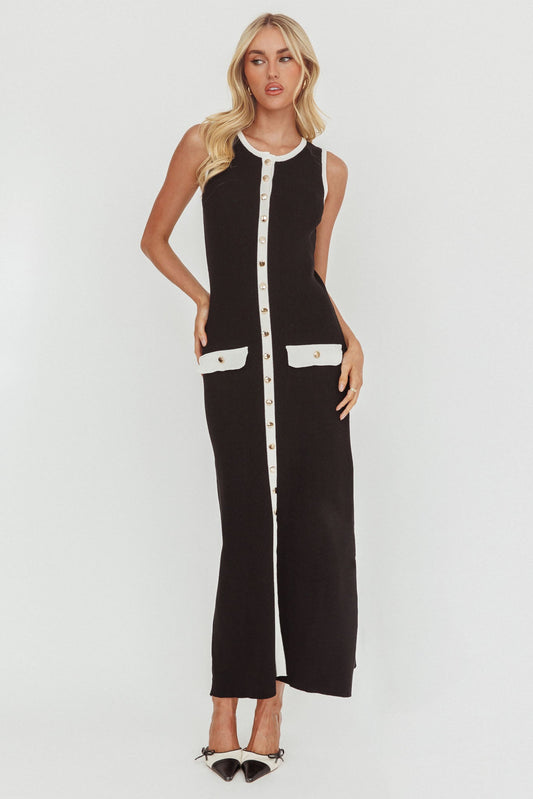Thessa Faux Placket Knit Maxi Dress Black