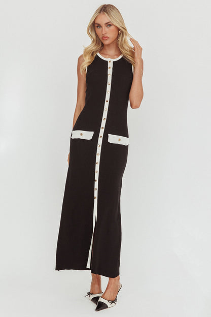 Thessa Faux Placket Knit Maxi Dress Black