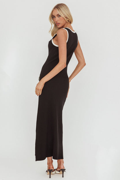 Thessa Faux Placket Knit Maxi Dress Black