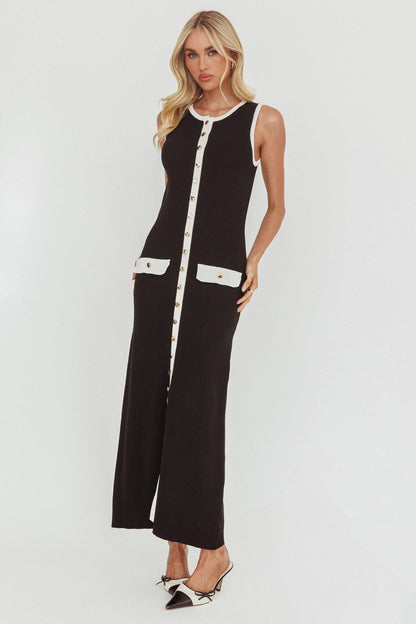Thessa Faux Placket Knit Maxi Dress Black