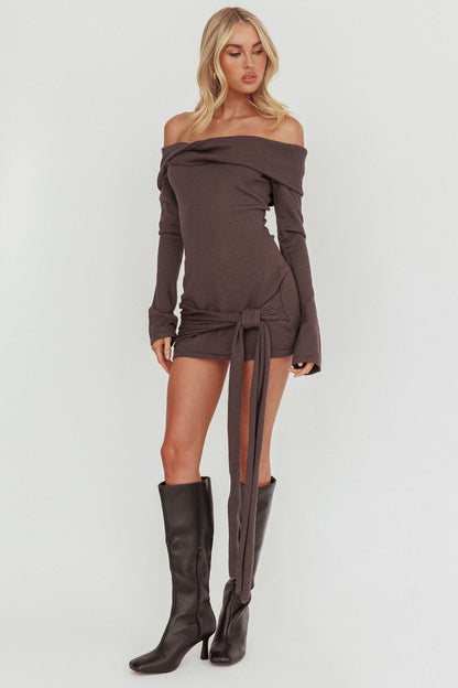 Sofina Off-Shoulder Hip Tie Mini Dress Grey