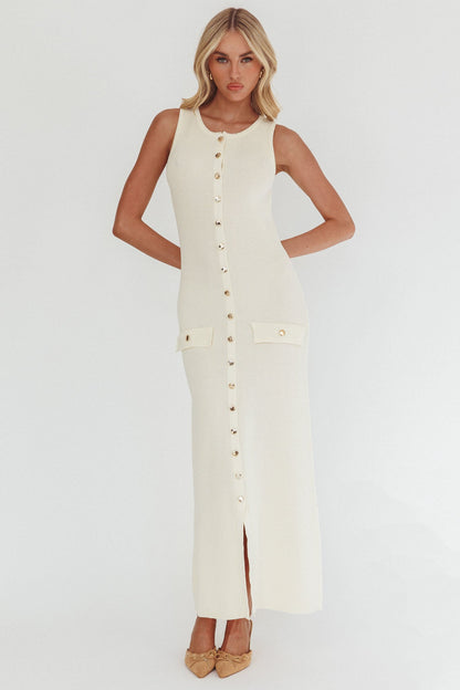 Kelani Gold Button Knit Maxi Dress Cream